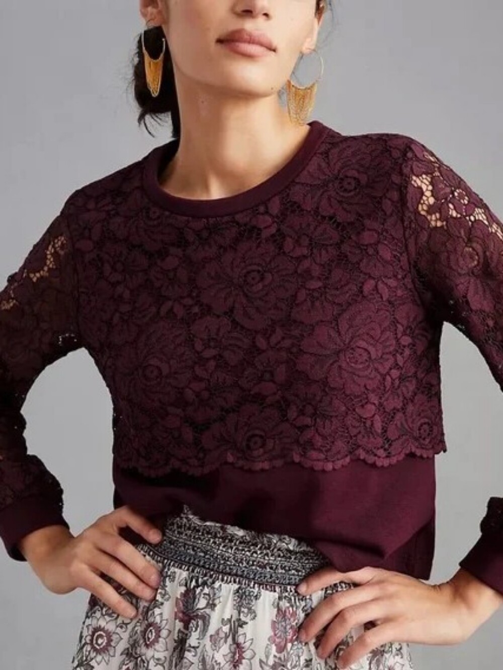Anthropologie Burgundy Lace Overlay Sweatshirt Top
